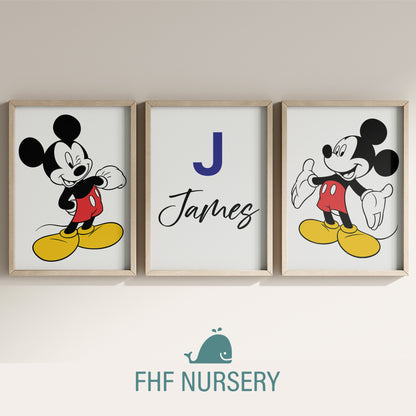 Personalized Mickey Mouse Name Sign Print, Custom Disney Nursery Art, Mickey Print Set, Kids Room Wall Decor, Cartoon Character Watercolor Poster