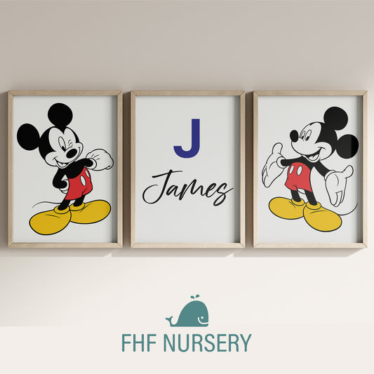 Personalized Mickey Mouse Name Sign Print, Custom Disney Nursery Art, Mickey Print Set, Kids Room Wall Decor, Cartoon Character Watercolor Poster