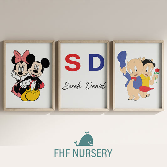 Personalized Mickey Mouse Print, Minnie Mouse Print, Porky Pig Print, Petunia Pig Print, Name Sign, Custom Cartoon Print Set, Baby Room Art, Kids Wall Decor