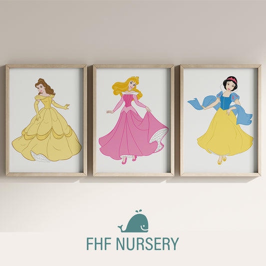 Cinderella Print, Snow White Print, Aurora Print, Disney Princess Set, Watercolor Fairy Tale Art, Nursery Wall Decor, Kids Room Posters