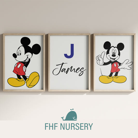 Personalized Mickey Mouse Name Sign Print, Custom Disney Nursery Art, Mickey Print Set, Kids Room Wall Decor, Cartoon Character Watercolor Poster