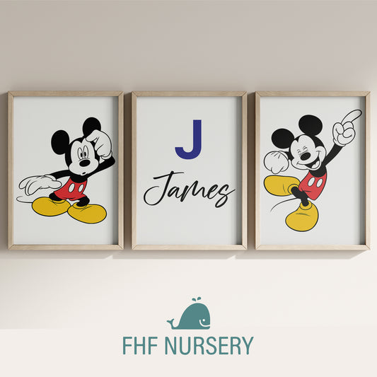 Personalized Mickey Mouse Name Sign Print, Custom Disney Nursery Art, Mickey Print Set, Kids Room Wall Decor, Cartoon Character Watercolor Poster
