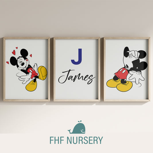 Personalized Mickey Mouse Name Sign Print, Custom Disney Nursery Art, Mickey Print Set, Kids Room Wall Decor, Cartoon Character Watercolor Poster