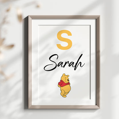 Personalized Winnie the Pooh Name Sign, Custom Nursery Art, Pooh Bear Print, Watercolor Kids Room Decor, Disney Character Poster