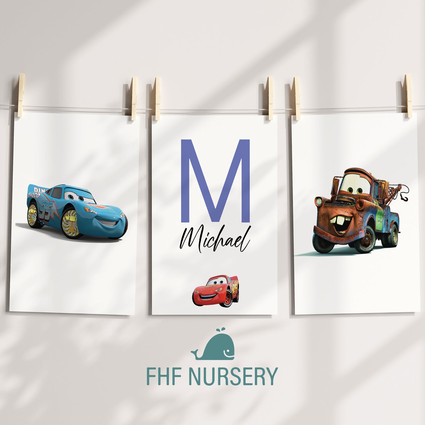 Cars Name Sign, Personalized Cars Print, Custom Kids Wall Decor, Pixar Nursery Art, Lightning McQueen Print Set, Cars Room Decor