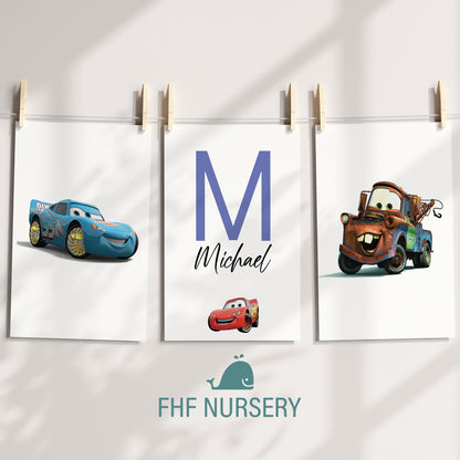 Cars Name Sign, Personalized Cars Print, Custom Kids Wall Decor, Pixar Nursery Art, Lightning McQueen Print Set, Cars Room Decor
