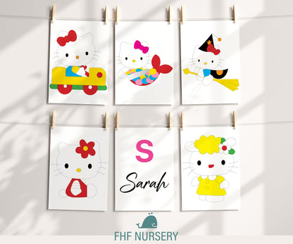 Hello Kitty Name Sign, Personalized Sanrio Art, Custom Kids Wall Decor, Kawaii Nursery Print, Helo Kitty Print Set