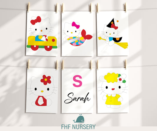 Hello Kitty Name Sign, Personalized Sanrio Art, Custom Kids Wall Decor, Kawaii Nursery Print, Helo Kitty Print Set