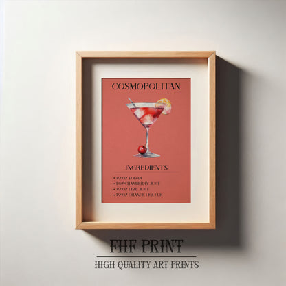 Cosmopolitan, Cosmopolitan Print, Cocktail Print, Bar Decor, Cocktail Poster, Drink Sign, Trendy Wall Art, Alcohol Print, Alcohol Poster, Alcohol Decor