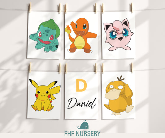Personalized Pokémon Print Set: Pikachu, Psyduck, Charmander, Bulbasaur, Jigglypuff, Custom Name Sign, Watercolor Nursery Decor, Kids Room Wall Art