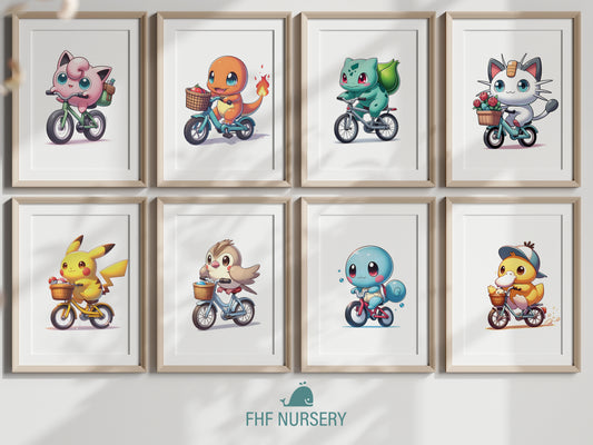 Pokémon Watercolor Prints, Pikachu Print, Psyduck Print, Squirtle Print, Pigeot Print, Meowth Print, Bulbasaur Print, Charmander Print, Jigglypuff Print, Bicycle Riding Pokémon, Cute Pokémon Wall Art, Cycling Pokémon Poster