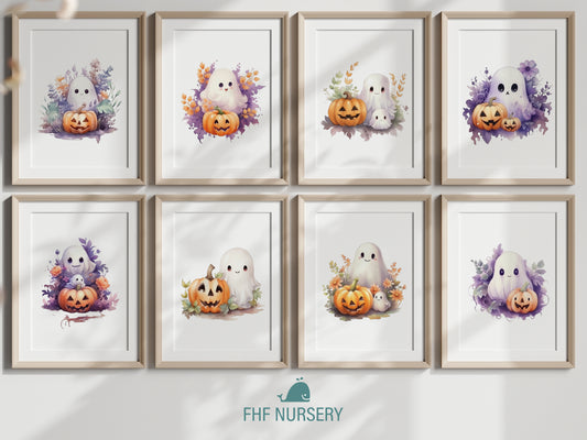 Cute Halloween Ghosts, Watercolor Spooky Art, Whimsical Ghost Decor, Casper Print, Trick or Treat Poster, Cozy Fall Wall Art, Soft White Ghosts, Boo Theme Nursery, Cute Ghost Friends, Halloween Kids Room, Autumn Ghost Print, Spooky Season Decor