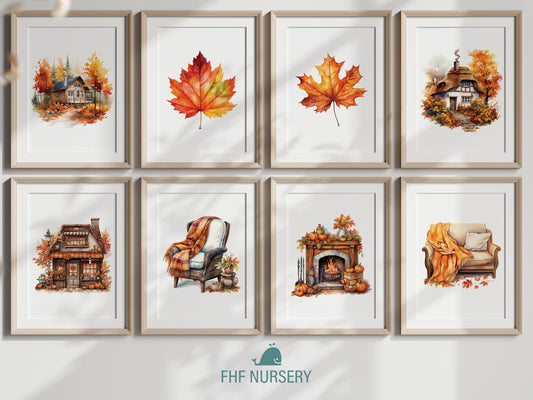 Fall Season Print Set, Cozy Autumn Decor, Orange Themed Wall Art, Watercolor Fall Vibes, Whimsical Fall House, Fireplace Illustration, River Cabin Art, Autumn Leaves Poster, Warm Color Nursery, Fall Cottage Scene, Seasonal Home Decor, Kids Room Art