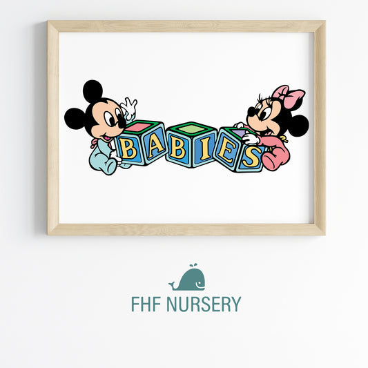 Baby Mickey Mouse Print, Baby Minnie Mouse Print, Disney Babies Set, Watercolor Cartoon Art, Nursery Wall Decor, Kids Room Posters