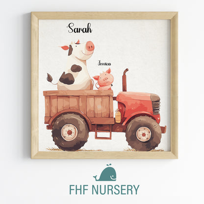 Cow Driving Tractor Name Sign, Personalized Cute Cow and Little Piglet Print, Custom Kids Wall Decor, Whimsical Farm Nursery Art, Tractor Farm Animal Print Set, Adorable Cow and Piglet Room Decor for Kids and Babies