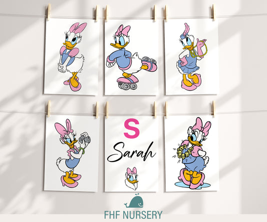 Personalized Daisy Duck Name Sign, Custom Disney Duck Print Set, Watercolor Nursery Decor, Baby Girl Room Art, Cartoon Name Poster, Kids Wall Decor