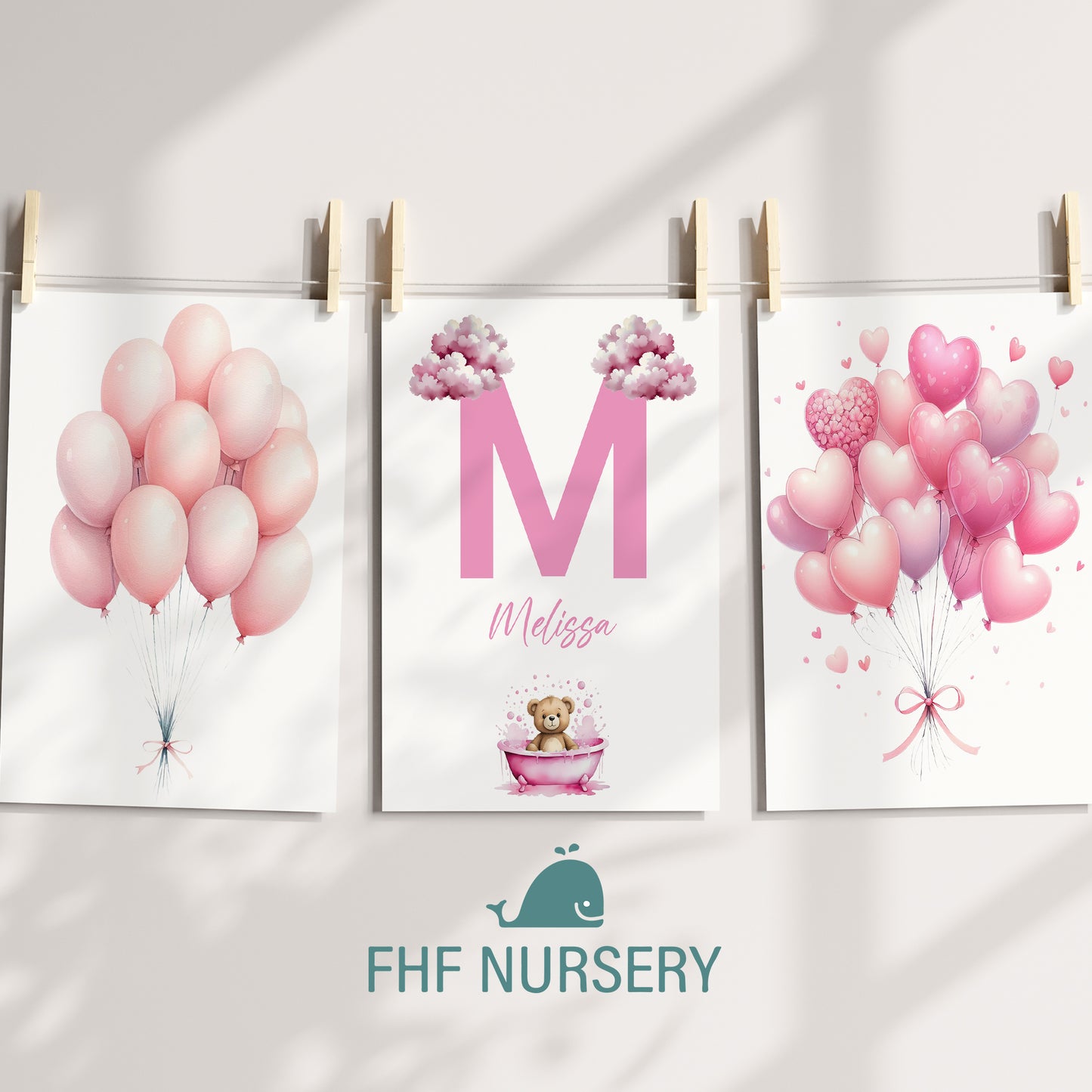 Pink Balloon Teddy Name Sign, Personalized Cute Teddy Bear Print with Floating Pink Balloons, Custom Kids Wall Decor, Whimsical and Cozy Nursery Art, Pink Balloon Teddy Print Set, Adorable Pink Teddy Bear Room Decor for Kids and Babies
