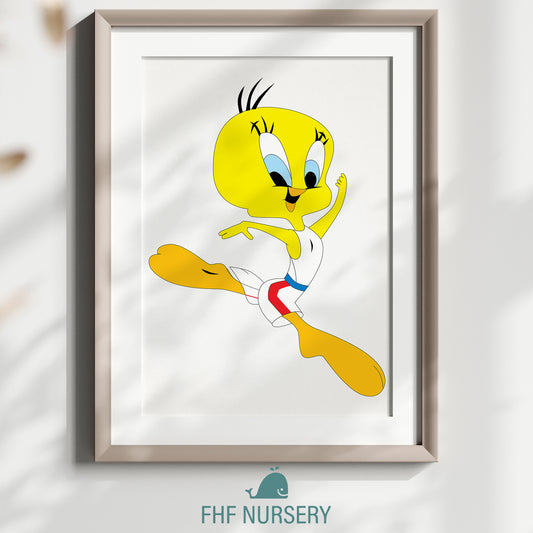 Tweety Bird Athlete Print, Sports-Themed Cartoon Art, Watercolor Looney Tunes Poster, Nursery Wall Decor, Kids Room Art