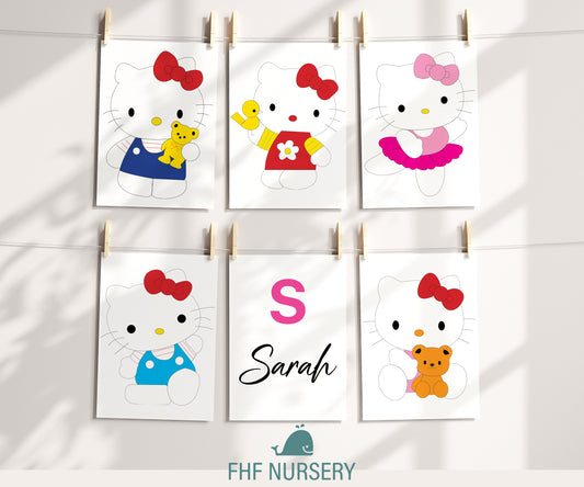 Hello Kitty Name Sign, Personalized Sanrio Art, Custom Kids Wall Decor, Kawaii Nursery Print, Helo Kitty Print Set