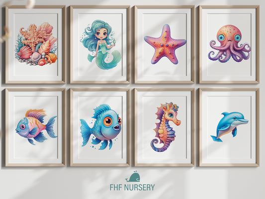 Coastal Print Set: Fish, Seahorse, Starfish, Seashell, Watercolor Ocean Art, Beach Nursery Decor, Kids Room Wall Art