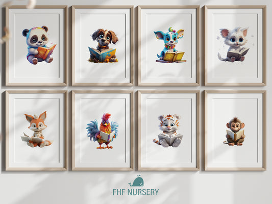 Cute Baby Animals Reading Books, Cozy Nursery Art, Cuddly Woodland Friends, Storytime Decor, Baby Fox With Book, Sleepy Bunny Reading, Baby Owl Nursery Print, Playful Kitten With Book, Bear Wall Art, Baby Raccoon Poster, Animal Friends, Kids Room Decor