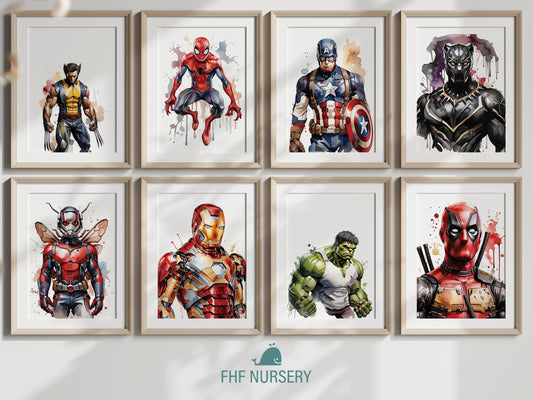 Superhero Watercolor Art, Marvel Avengers Wall Prints, Heroic Decor, Comic Style Wall Art, Captain America, Black Panther, Iron Man, Hulk, Spiderman