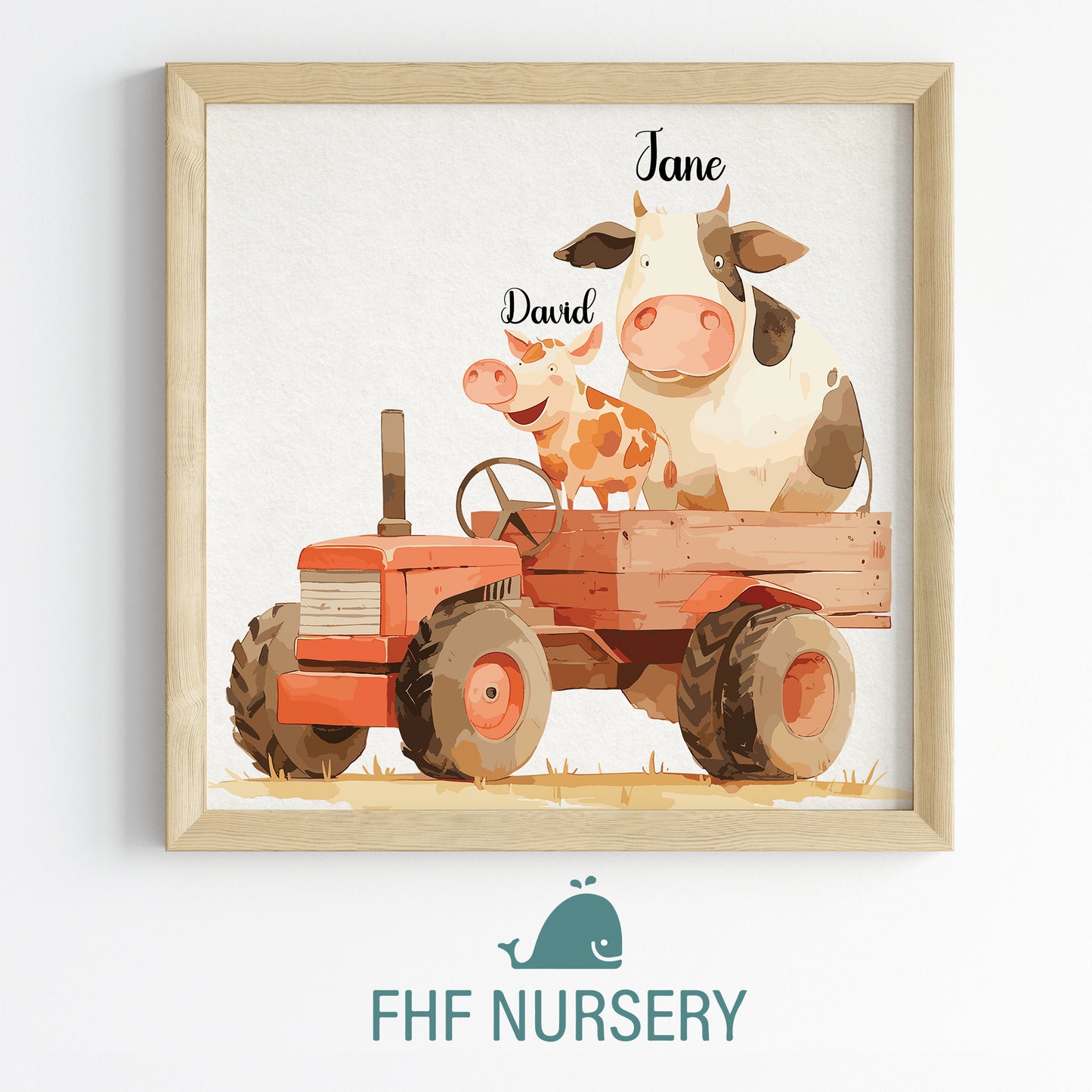 Cow Driving Tractor Name Sign, Personalized Cute Cow and Little Piglet Print, Custom Kids Wall Decor, Whimsical Farm Nursery Art, Tractor Farm Animal Print Set, Adorable Cow and Piglet Room Decor for Kids and Babies