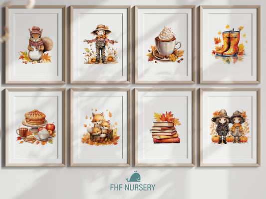Fall Season Print Set, Autumn Decor, Orange Themed Wall Art, Fall Vibes, Whimsical Fall House, Fireplace Illustration, River Cabin Art, Autumn Leaves Poster, Seasonal Nursery, Fall Cottage Scene, Seasonal Home Decor, Kids Room Art, Fall Season