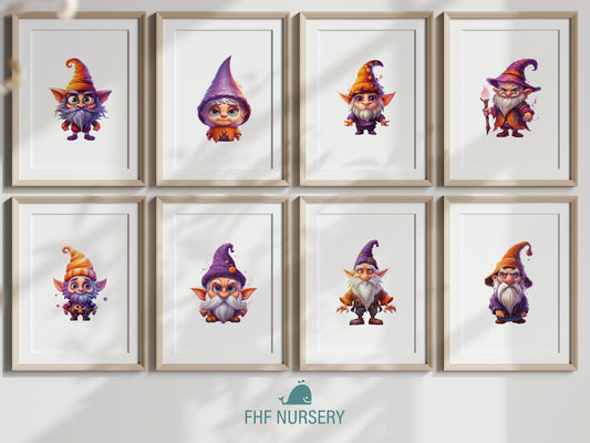 Cute Halloween Gnomes, Watercolor Fall Art, Whimsical Gnome Decor, Pumpkin Hat Gnome, Cozy Autumn Print, Trick or Treat Wall Art, Spooky Gnome Poster, Orange Black Theme, Halloween Nursery, Seasonal Kids Decor, Fall Gnome Friends, Halloween Wall Print