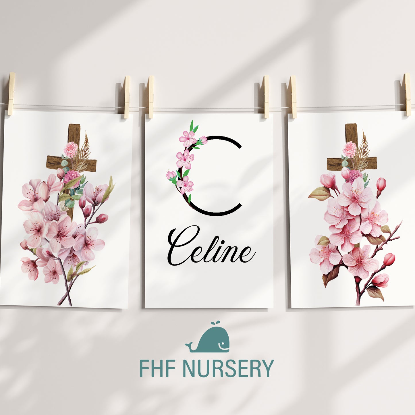 Cross Name Sign, Personalized Cross Print Wrapped with Pink Flowers, Custom Kids Wall Decor, Floral Nursery Art, Pink Blossom Cross Print Set, Pink Flowered Cross Room Decor