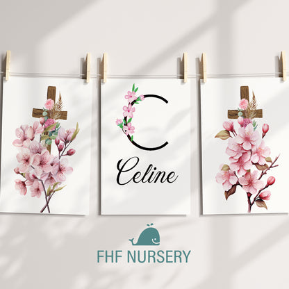 Cross Name Sign, Personalized Cross Print Wrapped with Pink Flowers, Custom Kids Wall Decor, Floral Nursery Art, Pink Blossom Cross Print Set, Pink Flowered Cross Room Decor