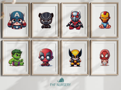 Baby Superhero Art, Watercolor Marvel Prints, Tiny Avengers Nursery Decor, Cute Hero Wall Art, Captain America, Black Panther, Iron Man, Hulk, Spiderman