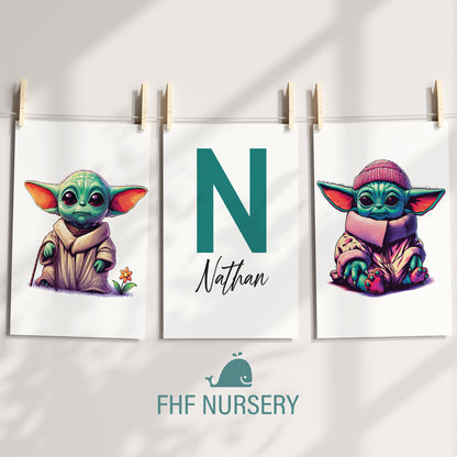 Baby Yoda Name Sign, Personalized Grogu Print, Custom Kids Wall Decor, Star Wars Nursery Art, Mandalorian Print Set, Baby Yoda Room Decor