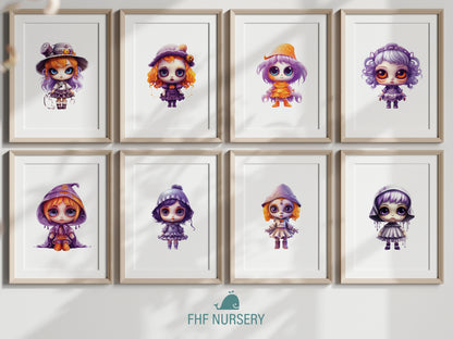 Whimsical Halloween Girls, Watercolor Trick or Treat Kids, Cozy Fall Nursery Art, Cute Pumpkin Hats, Playful Spooky Season Print