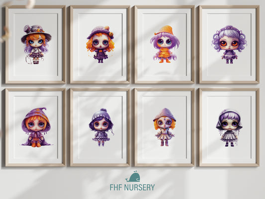 Whimsical Halloween Girls, Watercolor Trick or Treat Kids, Cozy Fall Nursery Art, Cute Pumpkin Hats, Playful Spooky Season Print