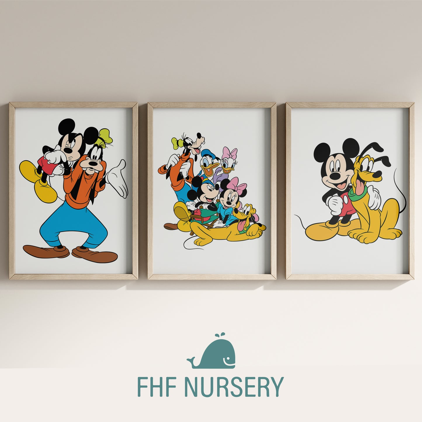 Disney Friends Print Set Mickey, Minnie, Pluto, Goofy, Duffy Duck, Daisy Duck, Watercolor Cartoon Art, Nursery Wall Decor, Kids Room Posters