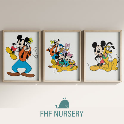 Disney Friends Print Set Mickey, Minnie, Pluto, Goofy, Duffy Duck, Daisy Duck, Watercolor Cartoon Art, Nursery Wall Decor, Kids Room Posters