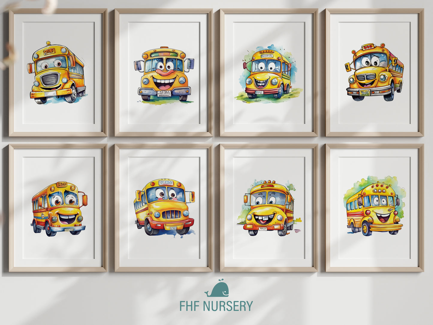 Cute School Bus Name Sign, Personalized Adorable School Bus Print, Custom Kids Wall Decor, Whimsical Nursery Art, School Bus Friends Print Set, Charming School Bus Room Decor for Kids and Babies