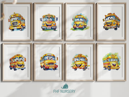 Cute School Bus Name Sign, Personalized Adorable School Bus Print, Custom Kids Wall Decor, Whimsical Nursery Art, School Bus Friends Print Set, Charming School Bus Room Decor for Kids and Babies
