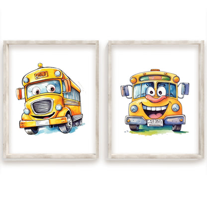 Cute School Bus Name Sign, Personalized Adorable School Bus Print, Custom Kids Wall Decor, Whimsical Nursery Art, School Bus Friends Print Set, Charming School Bus Room Decor for Kids and Babies