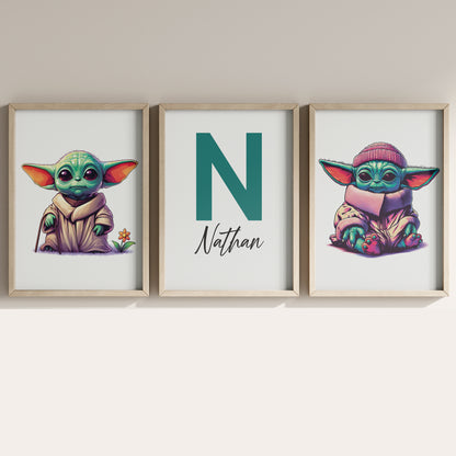 Baby Yoda Name Sign, Personalized Grogu Print, Custom Kids Wall Decor, Star Wars Nursery Art, Mandalorian Print Set, Baby Yoda Room Decor