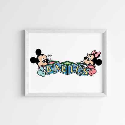 Baby Mickey Mouse Print, Baby Minnie Mouse Print, Disney Babies Set, Watercolor Cartoon Art, Nursery Wall Decor, Kids Room Posters