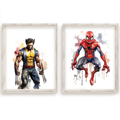Superhero Watercolor Art, Marvel Avengers Wall Prints, Heroic Decor, Comic Style Wall Art, Captain America, Black Panther, Iron Man, Hulk, Spiderman