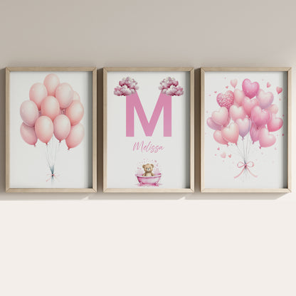 Pink Balloon Teddy Name Sign, Personalized Cute Teddy Bear Print with Floating Pink Balloons, Custom Kids Wall Decor, Whimsical and Cozy Nursery Art, Pink Balloon Teddy Print Set, Adorable Pink Teddy Bear Room Decor for Kids and Babies