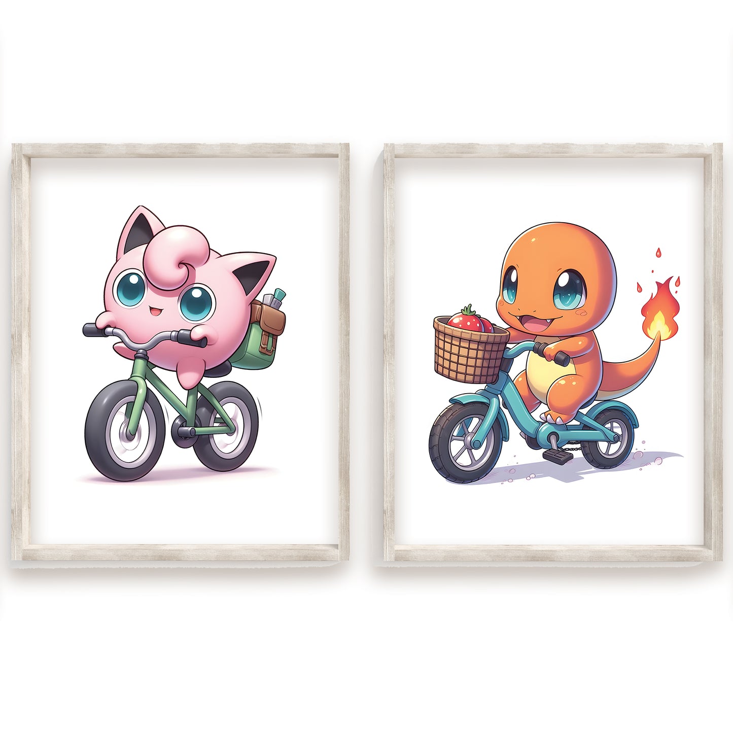 Pokémon Watercolor Prints, Pikachu Print, Psyduck Print, Squirtle Print, Pigeot Print, Meowth Print, Bulbasaur Print, Charmander Print, Jigglypuff Print, Bicycle Riding Pokémon, Cute Pokémon Wall Art, Cycling Pokémon Poster