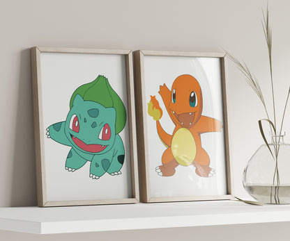 Personalized Pokémon Print Set: Pikachu, Psyduck, Charmander, Bulbasaur, Jigglypuff, Custom Name Sign, Watercolor Nursery Decor, Kids Room Wall Art