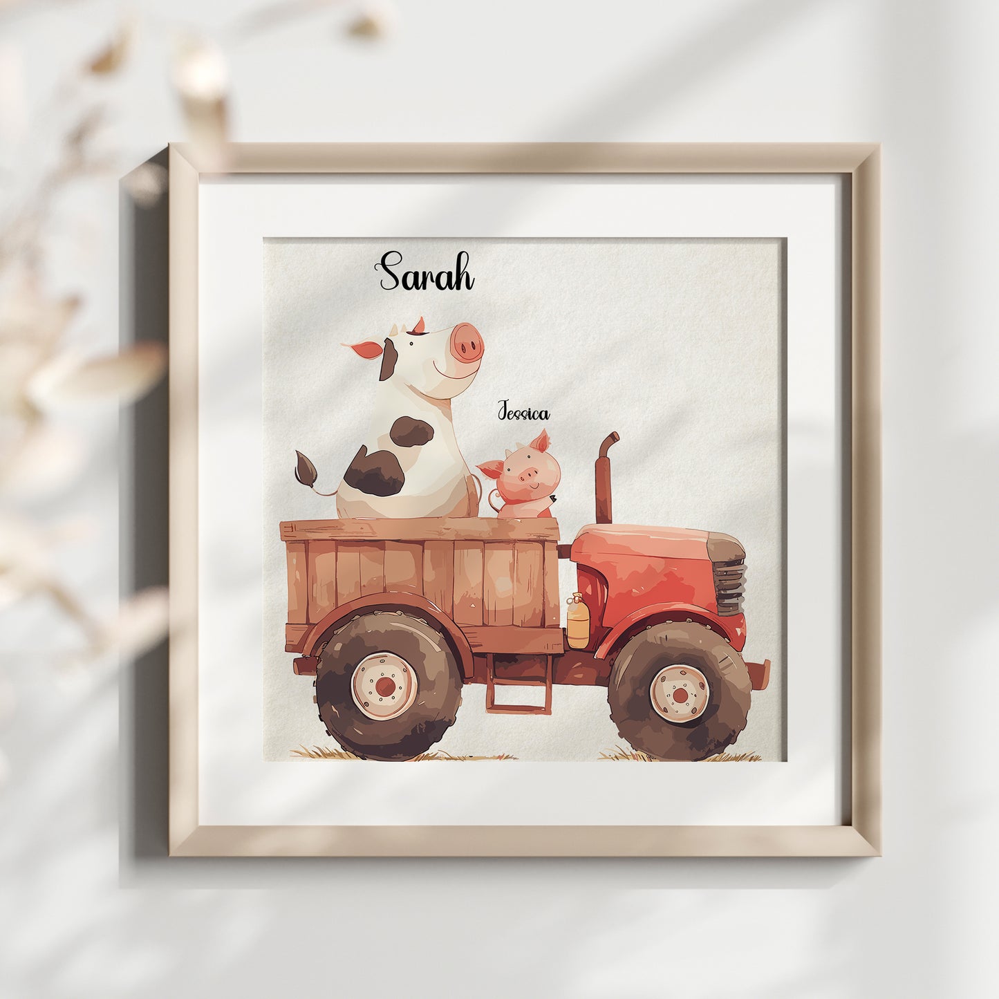 Cow Driving Tractor Name Sign, Personalized Cute Cow and Little Piglet Print, Custom Kids Wall Decor, Whimsical Farm Nursery Art, Tractor Farm Animal Print Set, Adorable Cow and Piglet Room Decor for Kids and Babies