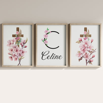 Cross Name Sign, Personalized Cross Print Wrapped with Pink Flowers, Custom Kids Wall Decor, Floral Nursery Art, Pink Blossom Cross Print Set, Pink Flowered Cross Room Decor
