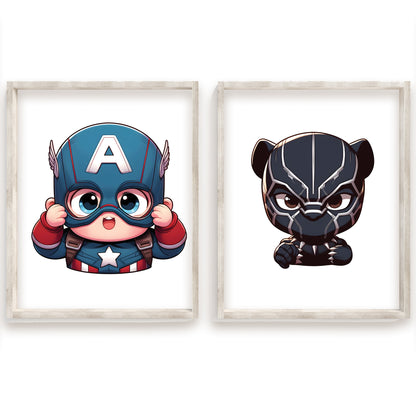 Baby Superhero Art, Watercolor Marvel Prints, Tiny Avengers Nursery Decor, Cute Hero Wall Art, Captain America, Black Panther, Iron Man, Hulk, Spiderman