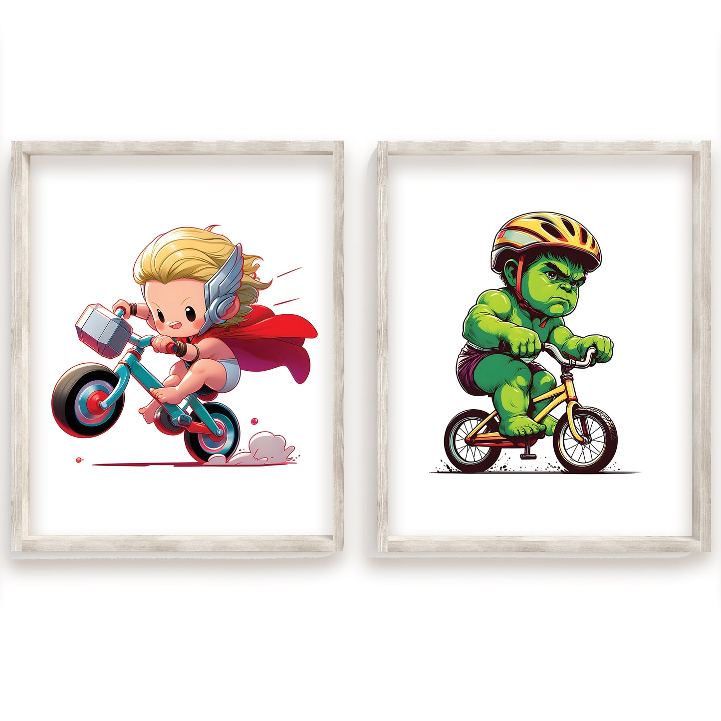 Baby Superhero Print Set, Bicycle Riding Thor, Hulk, Iron Man, Falcon, War Machine, Captain America, Groot, Mystique, Watercolor Avengers Nursery Art